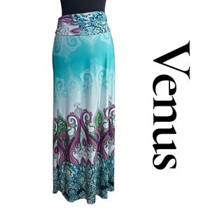 Venus Maxi Skirt Womens XS Teal Purple Paisley Floral Stretch Foldover Boho USA
